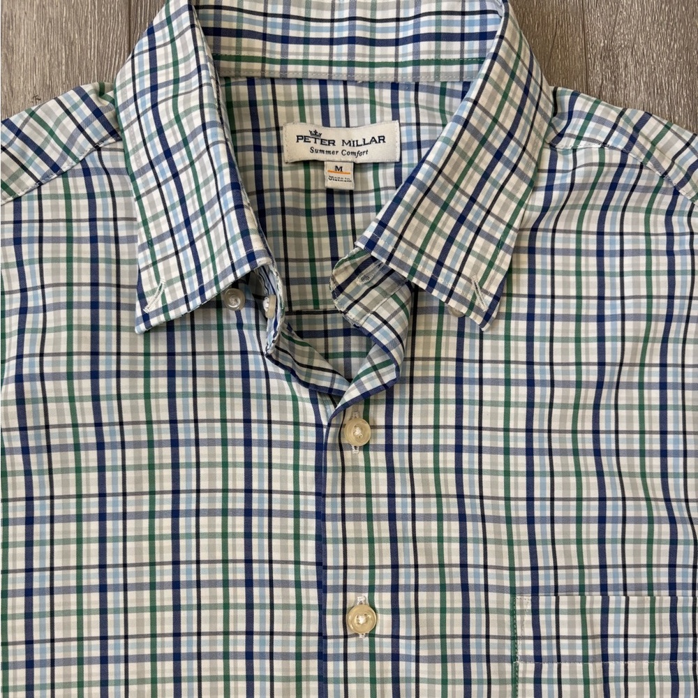 Peter Millar Men's Blue and Green Plaid Shirt